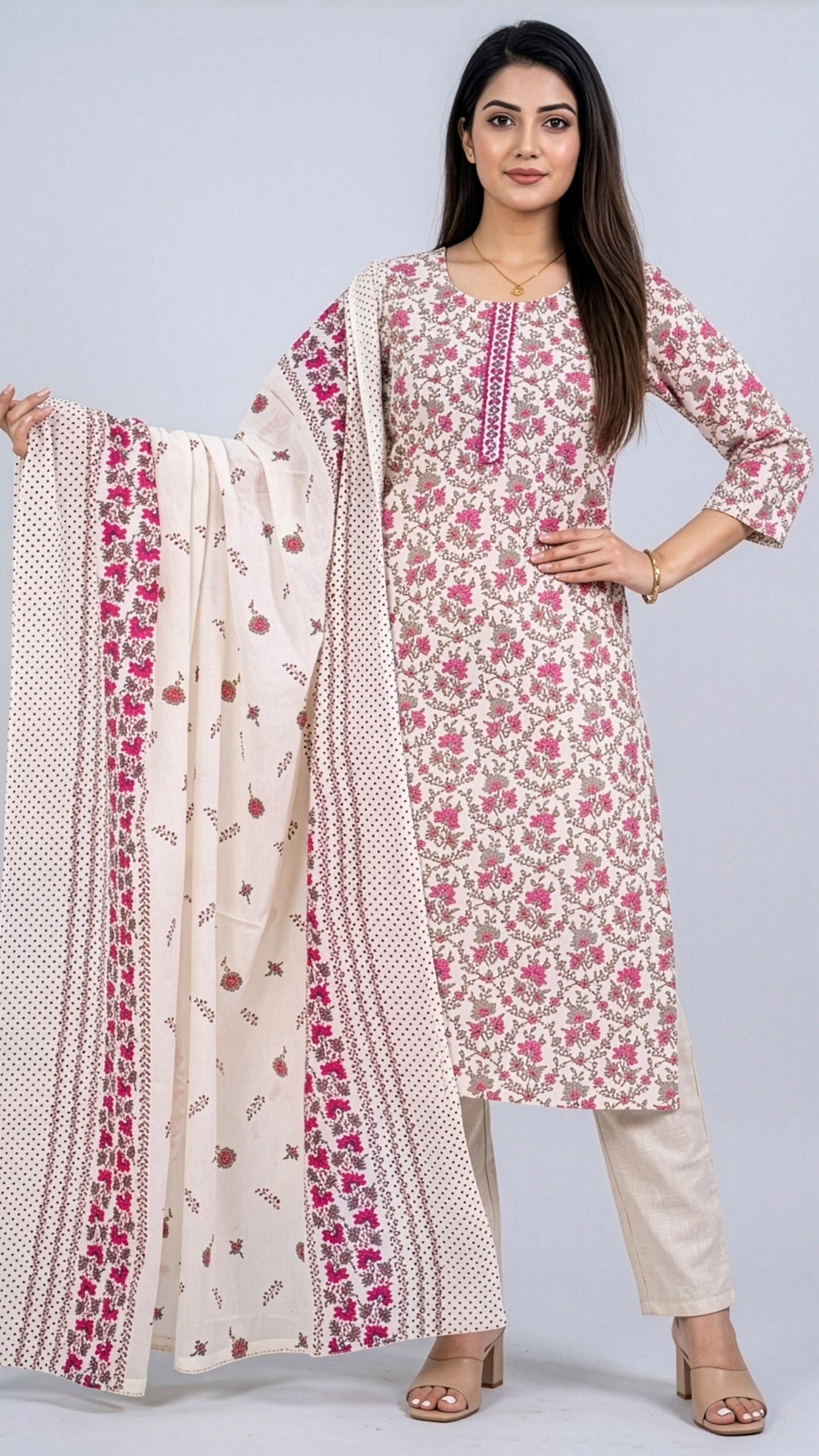 Woman wearing a floral kurta with matching dupatta on a gray background