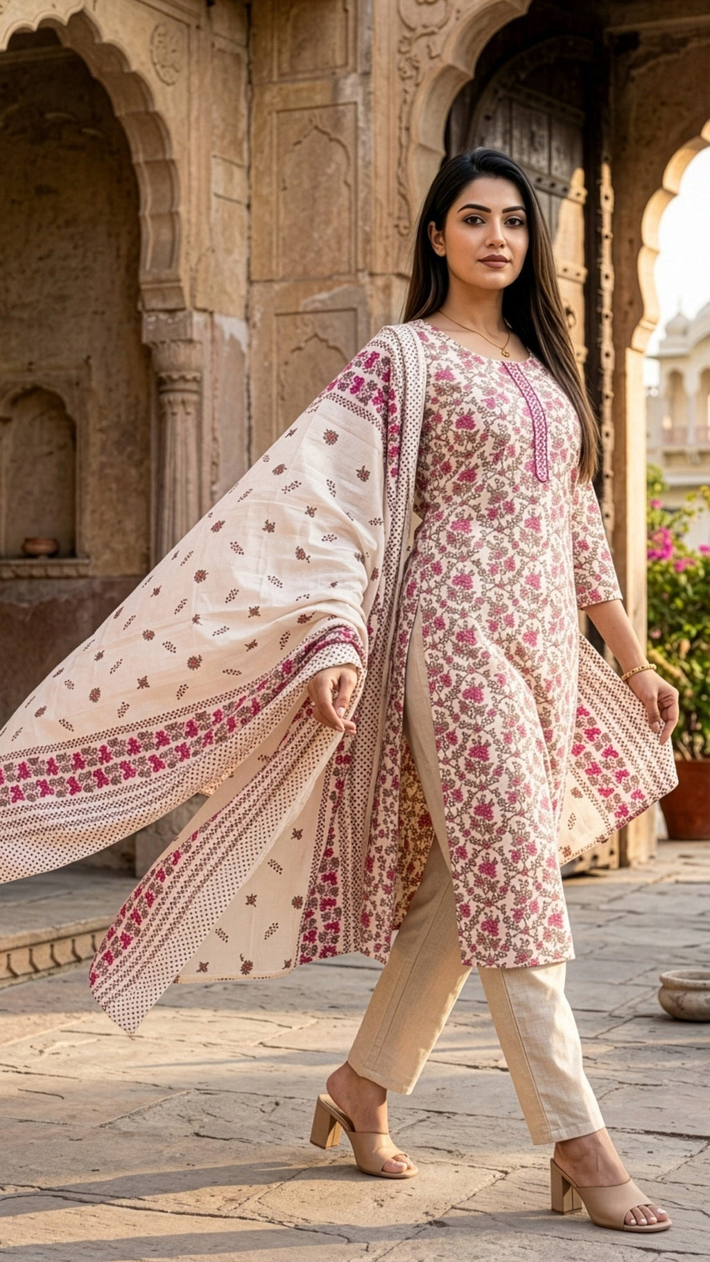 Beautiful woman wearing a 3 Piece Kurti Set showcasing kurti outfit ideas with matching pant and dupatta.