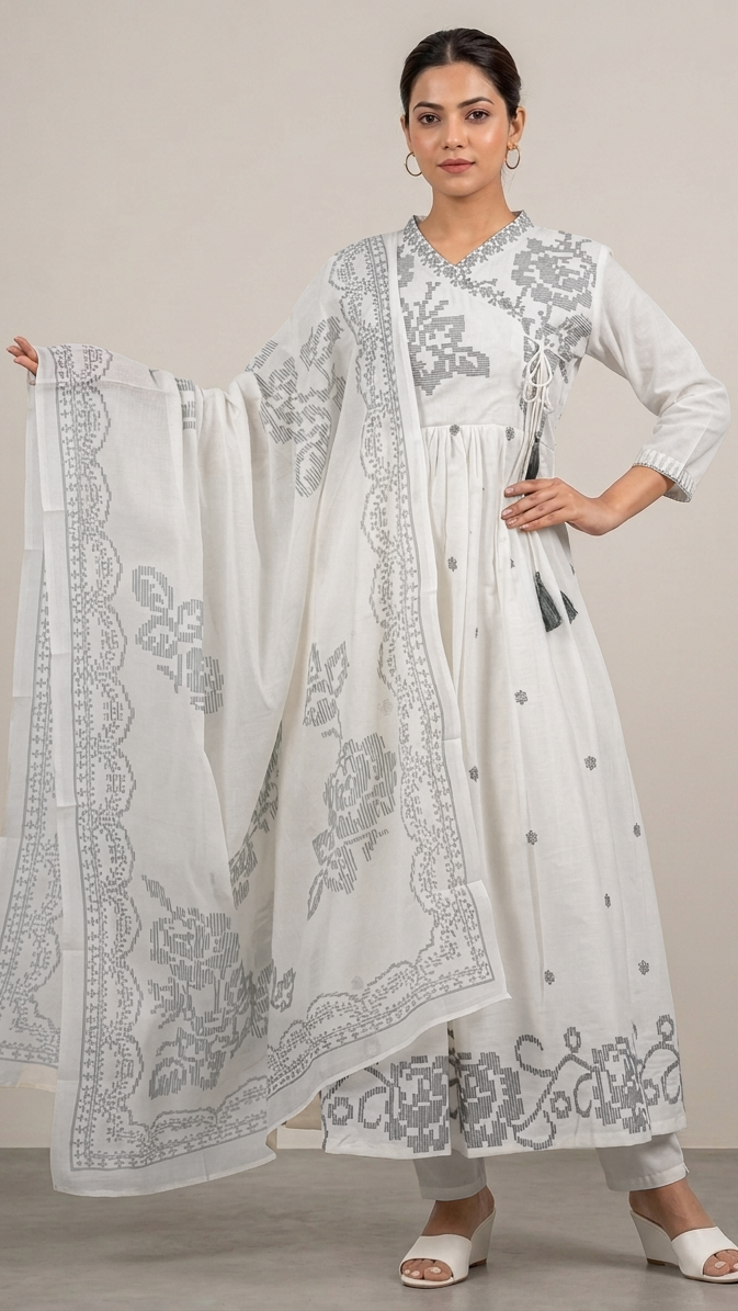 Woman wearing a white embroidered traditional outfit with a plain background