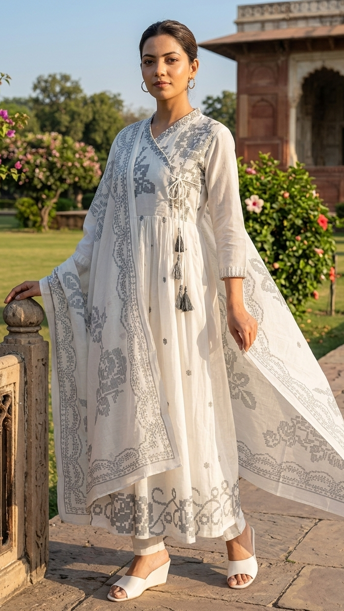 Woman in a white embroidered outfit standing in a garden with historical architecture in the background