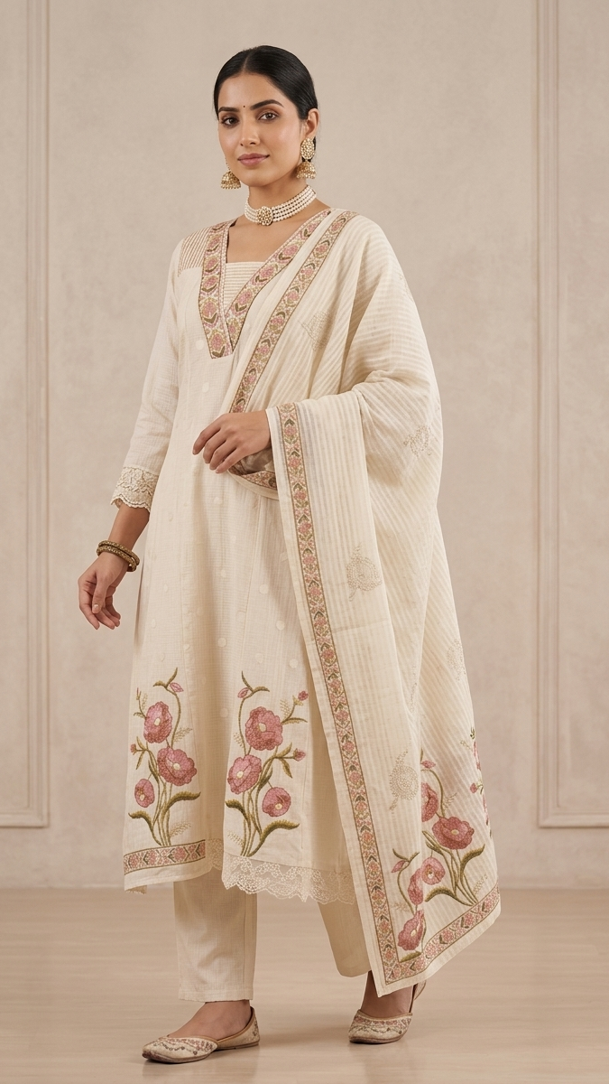 Woman wearing a cream-colored traditional outfit with floral embroidery on a neutral background