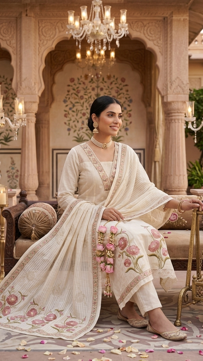 Woman in a traditional outfit with floral embroidery in an ornate room.