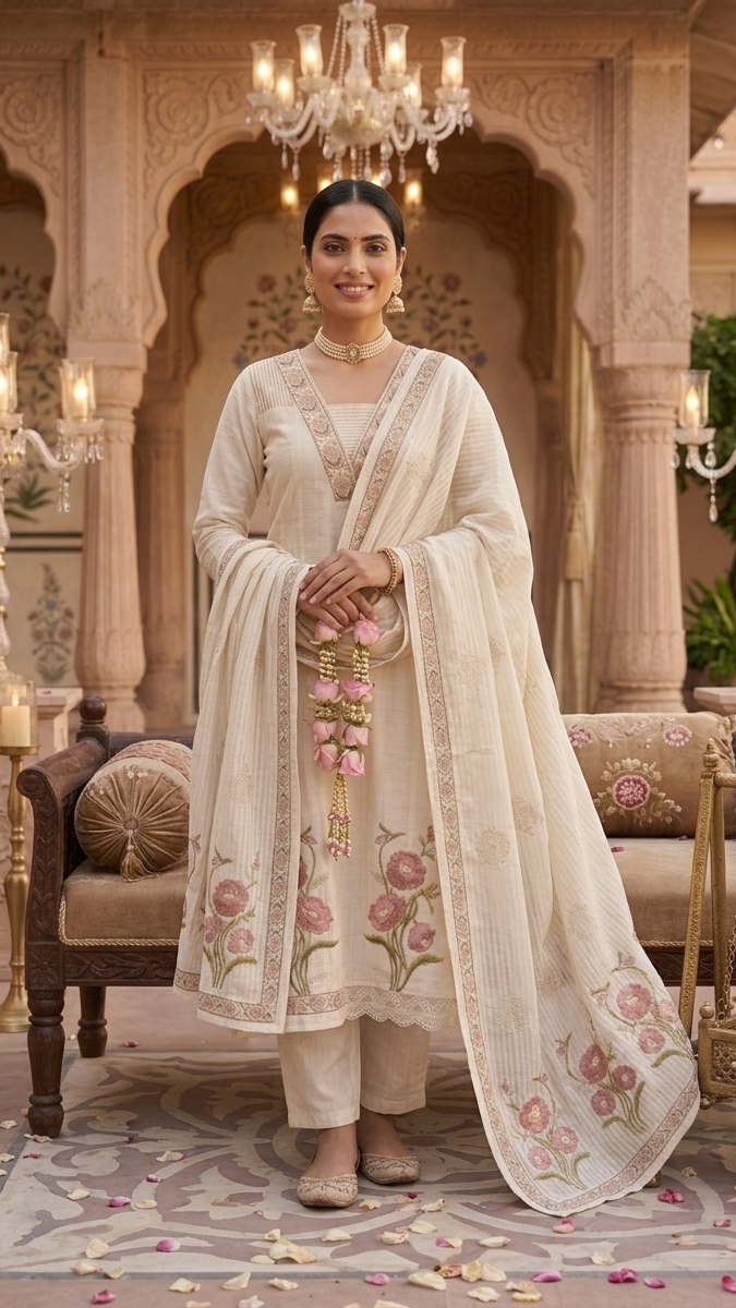 Woman in traditional embroidered outfit standing in an ornate indoor setting with chandeliers.