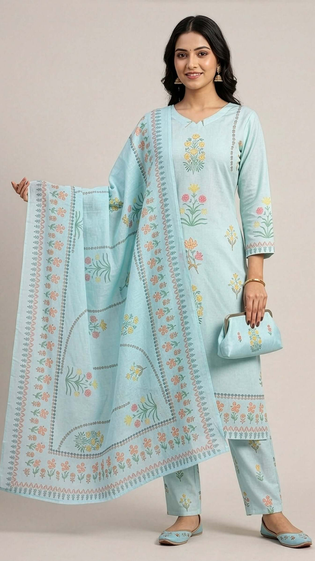 3 piece kurti set featuring a kurti, pant, and dupatta in light blue with floral embroidery by REET by Bunaiganj.