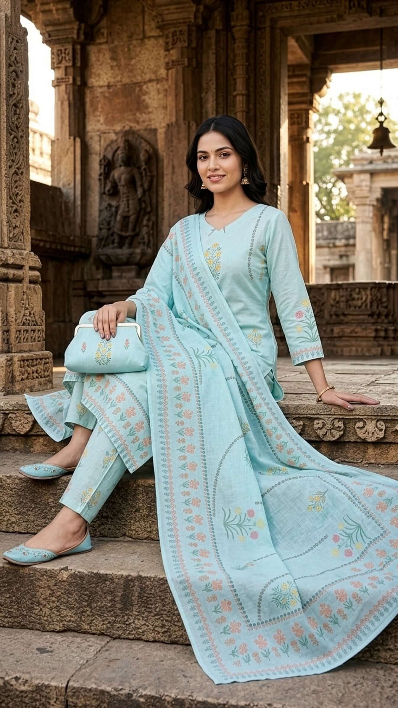 3 piece kurti set featuring a kurti, pant, and dupatta in blue, styled with matching accessories in a heritage setting.