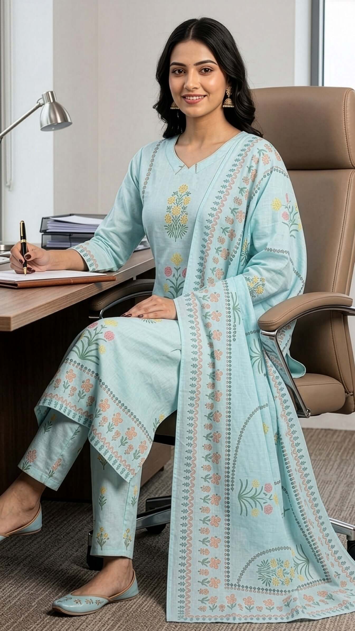 3 piece kurti set featuring a kurti, pant, and dupatta, designed for modern women, perfect for ethnic occasions.