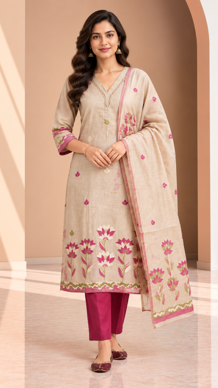 A woman models a traditional Indian salwar kameez suit set. The set features a light beige kurta with pink floral embroidery and a matching dupatta, paired with magenta trousers.