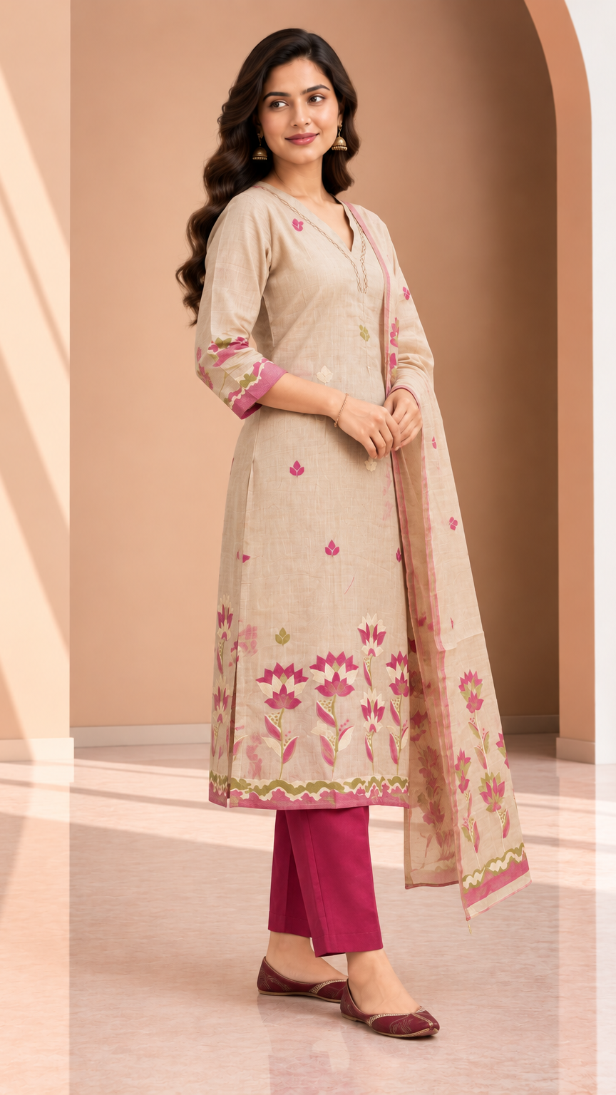 A woman models a traditional Indian salwar kameez set featuring a beige kurta with pink floral embroidery, magenta pants, and a matching dupatta, set against a warm beige arched background.