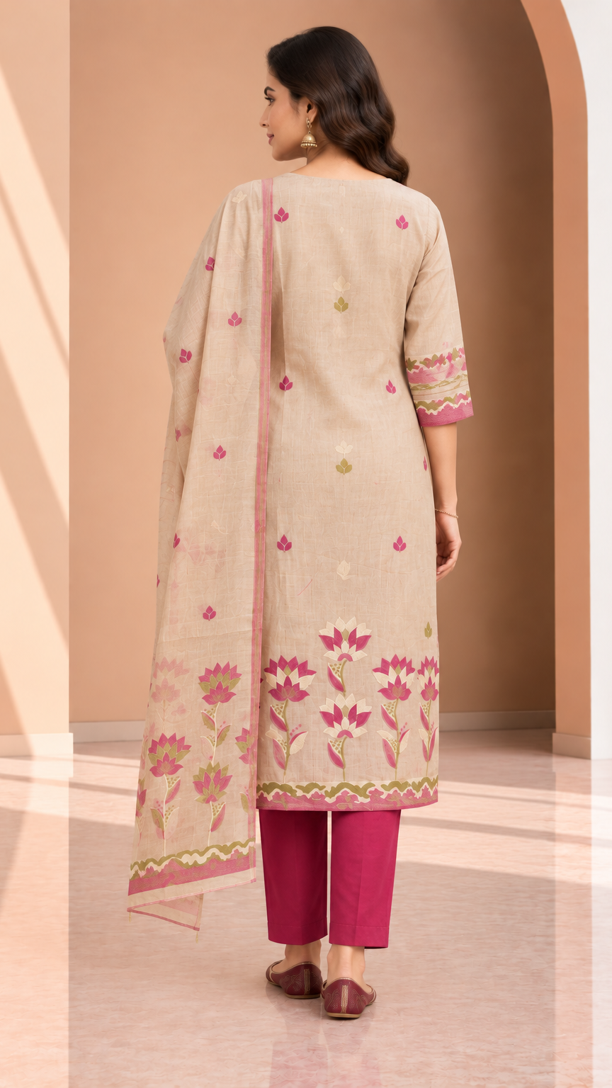 A woman is shown from the back wearing a beige traditional kurta set with pink floral embroidery, magenta pants, and a matching dupatta, set against a warm beige arched corridor background.