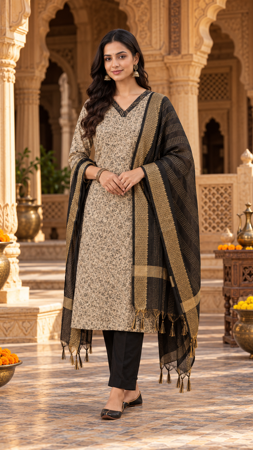 3 Piece Kurti Set | Kurti, Pant, Dupatta | Black | REET by Bunaiganj