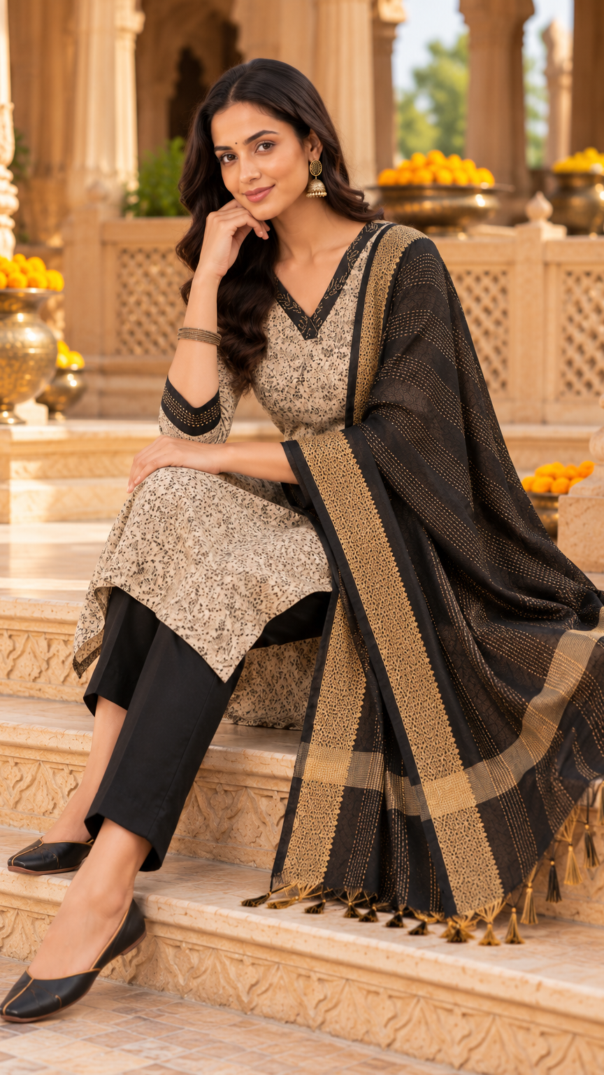 3 Piece Kurti Set | Kurti, Pant, Dupatta | Black | REET by Bunaiganj