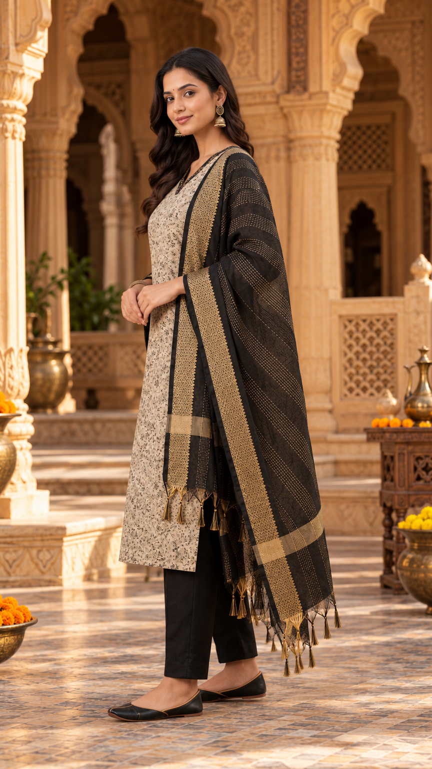 3 Piece Kurti Set | Kurti, Pant, Dupatta | Black | REET by Bunaiganj