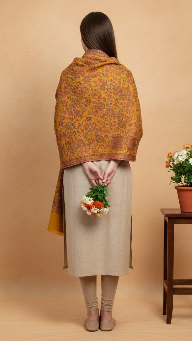 Woman wearing a patterned shawl holding flowers against a beige background