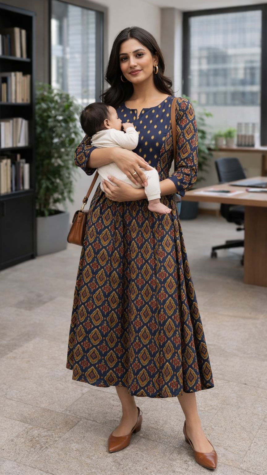 Woman holding a baby in an office setting