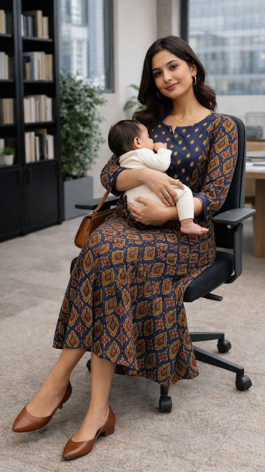 Woman sitting in an office chair holding a baby, with a bookshelf and cityscape in the background.
