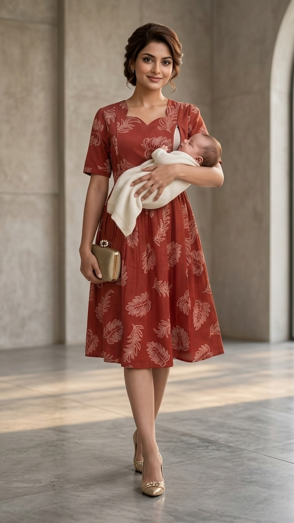 Woman in a red dress holding a baby in a well-lit room with large windows.
