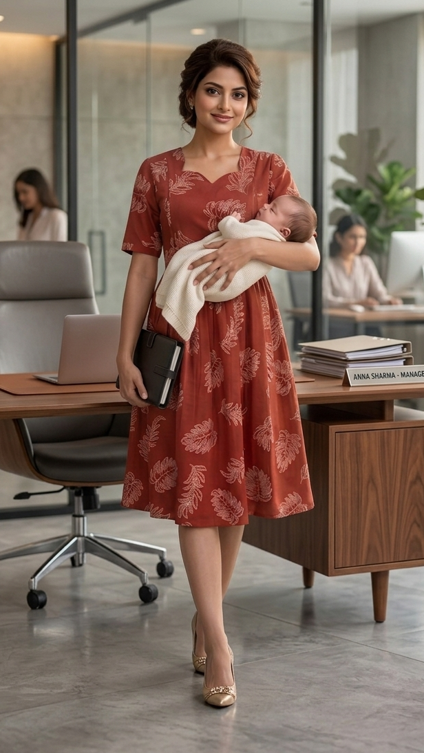 Woman in a red dress holding a baby in an office setting