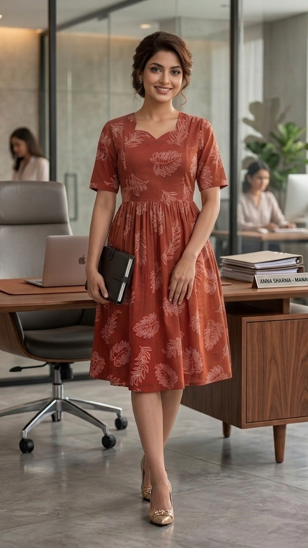 Woman in a red dress standing in an office setting