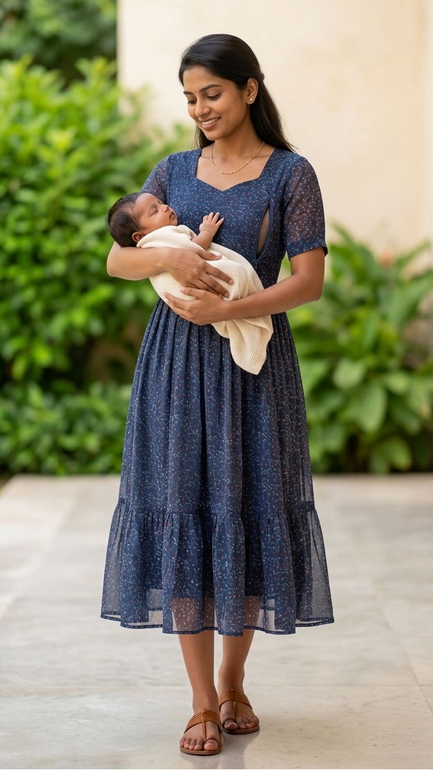 Woman in a blue dress holding a baby outdoors with greenery and a building in the background