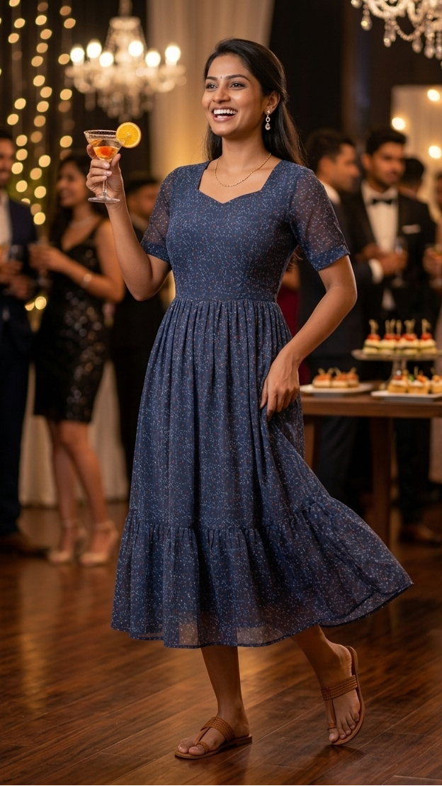 Woman in a blue dress holding a drink in a festive indoor setting with chandeliers and people in the background.