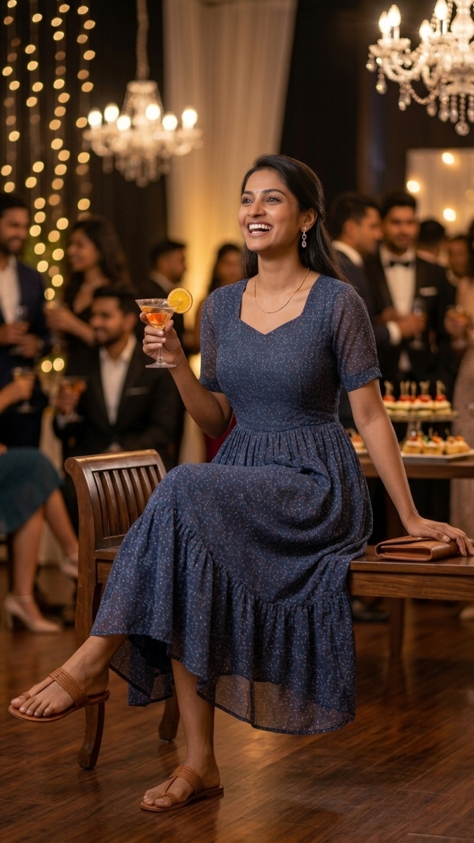 Woman in a blue dress holding a drink at a social event with chandeliers and guests in the background.