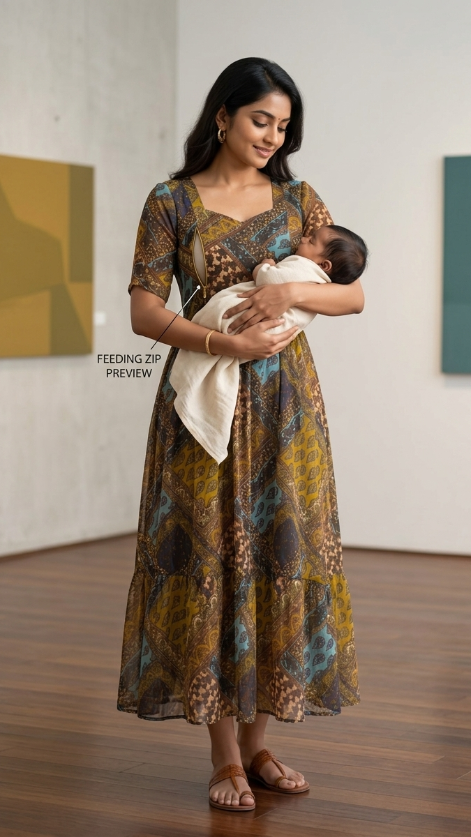 Woman holding a baby in a patterned dress in an art gallery setting