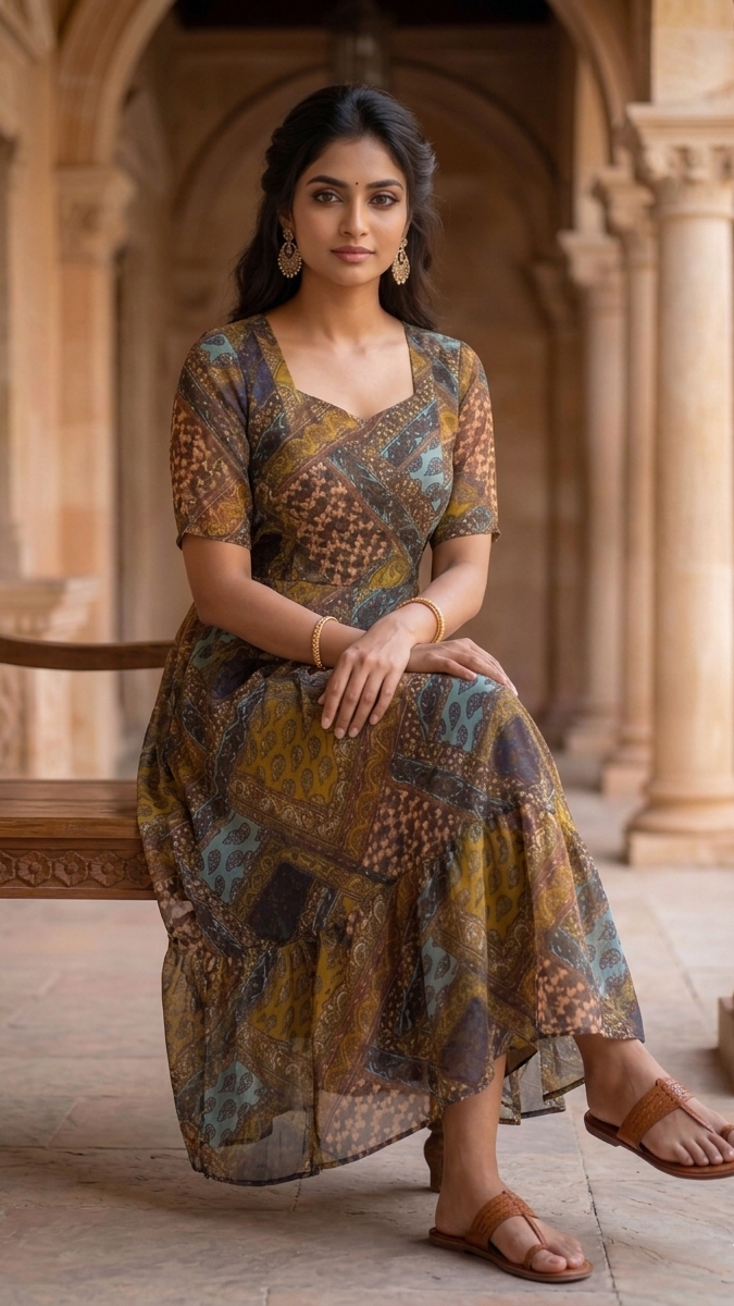 Woman in a patterned dress sitting in an architectural setting