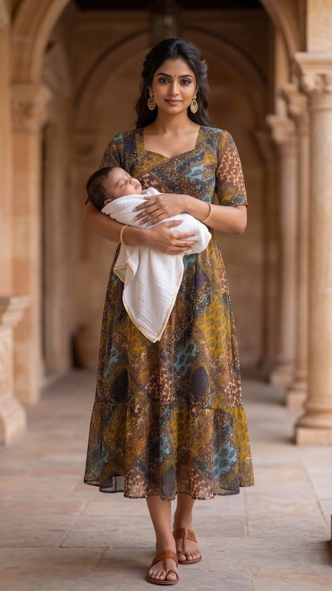 Woman holding a baby in a patterned dress standing in an architectural setting