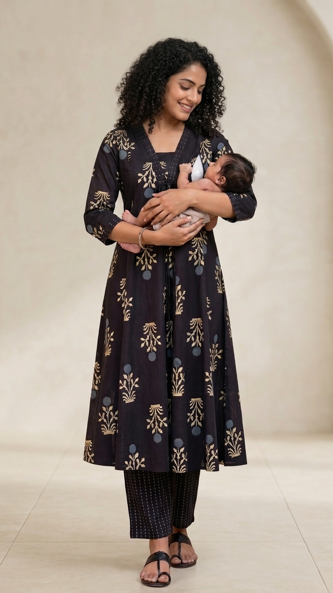 Woman in a black floral dress holding a baby against a beige wall.