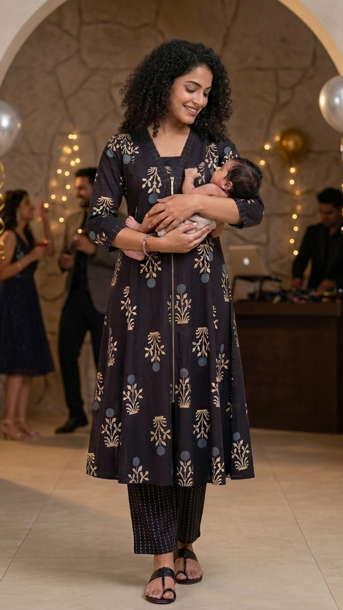 Woman holding a baby in a decorated room with balloons and people in the background