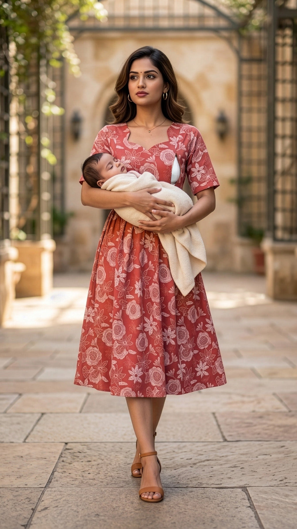 Comfortable maternity dresses in pastel red with invisible feeding zip, modeled by a woman holding a baby.