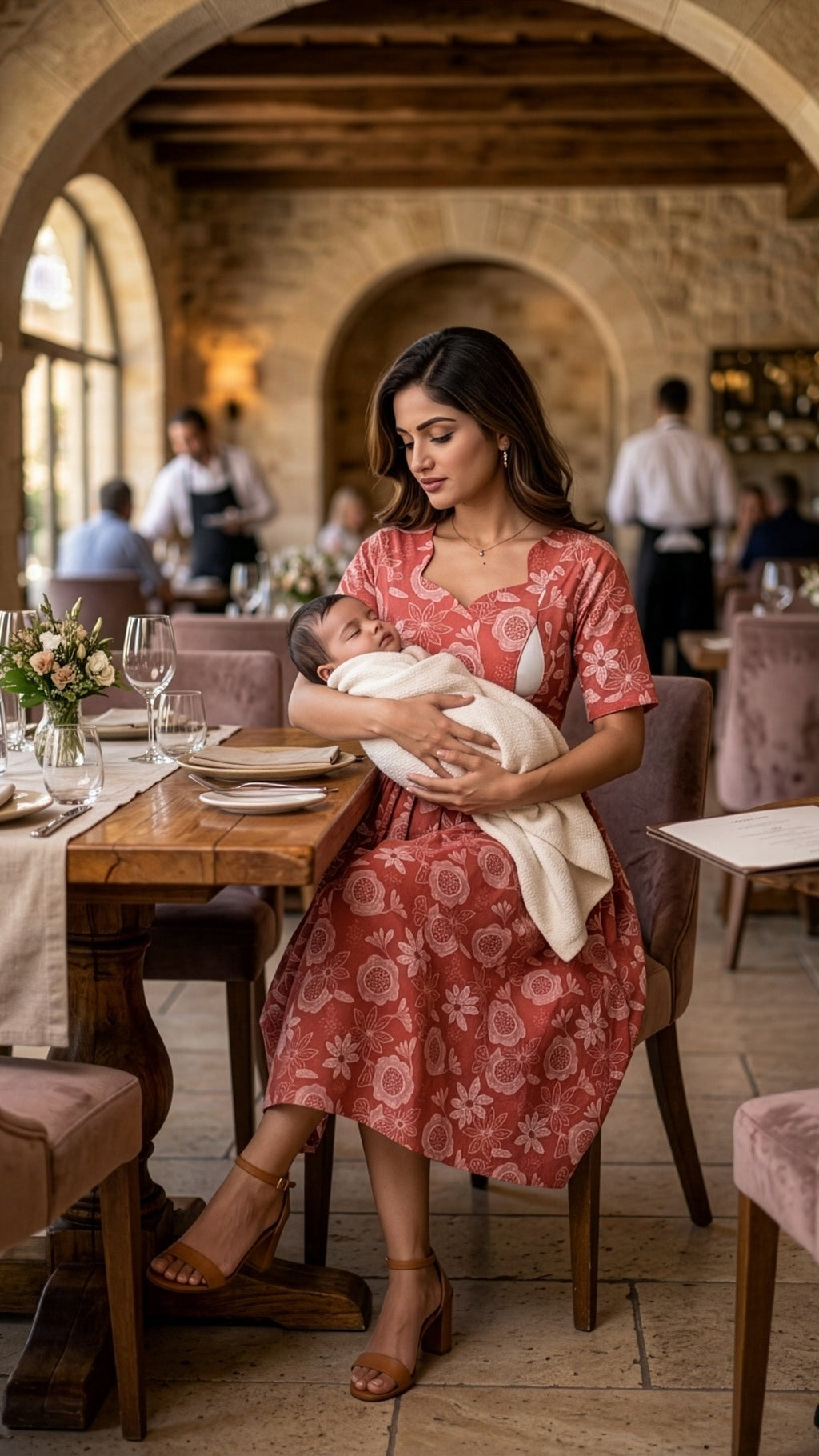 Comfortable maternity dresses in pastel red, featuring a mother elegantly nursing her baby at a restaurant.