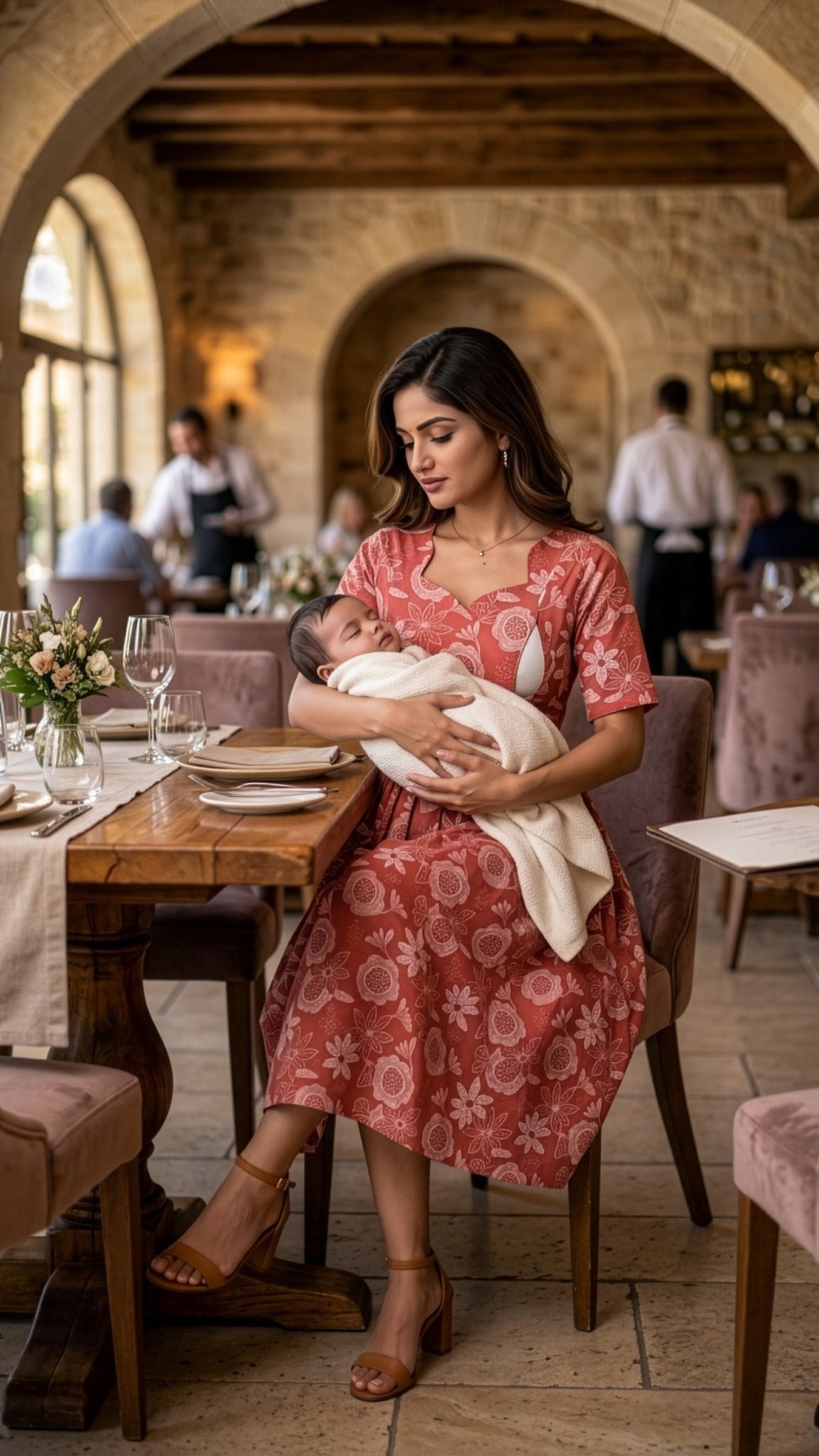 Comfortable maternity dresses in pastel red, featuring a mother elegantly nursing her baby at a restaurant.