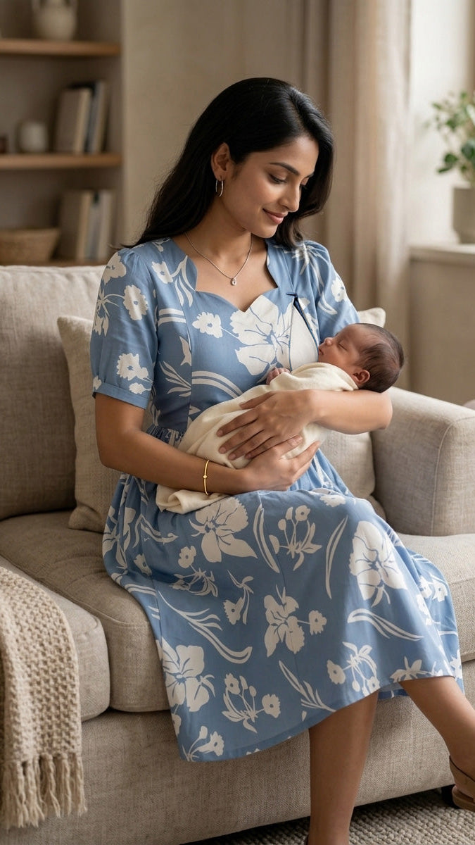 Casual maternity wear in sky blue, featuring a mother comfortably nursing her baby while sitting on a couch.