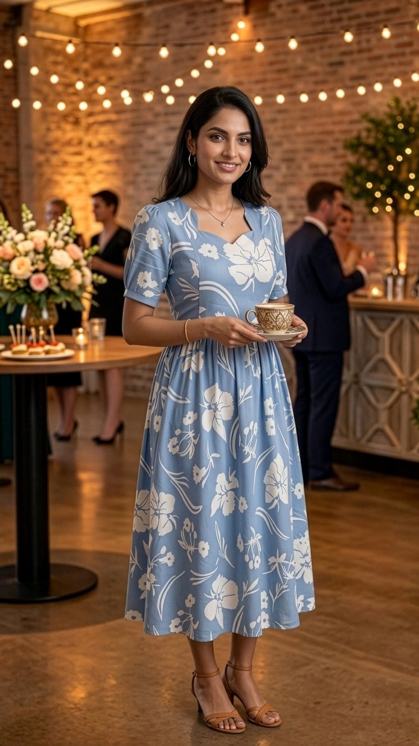 Casual maternity wear in sky blue with floral design, featuring a discrete invisible zip for easy nursing access.