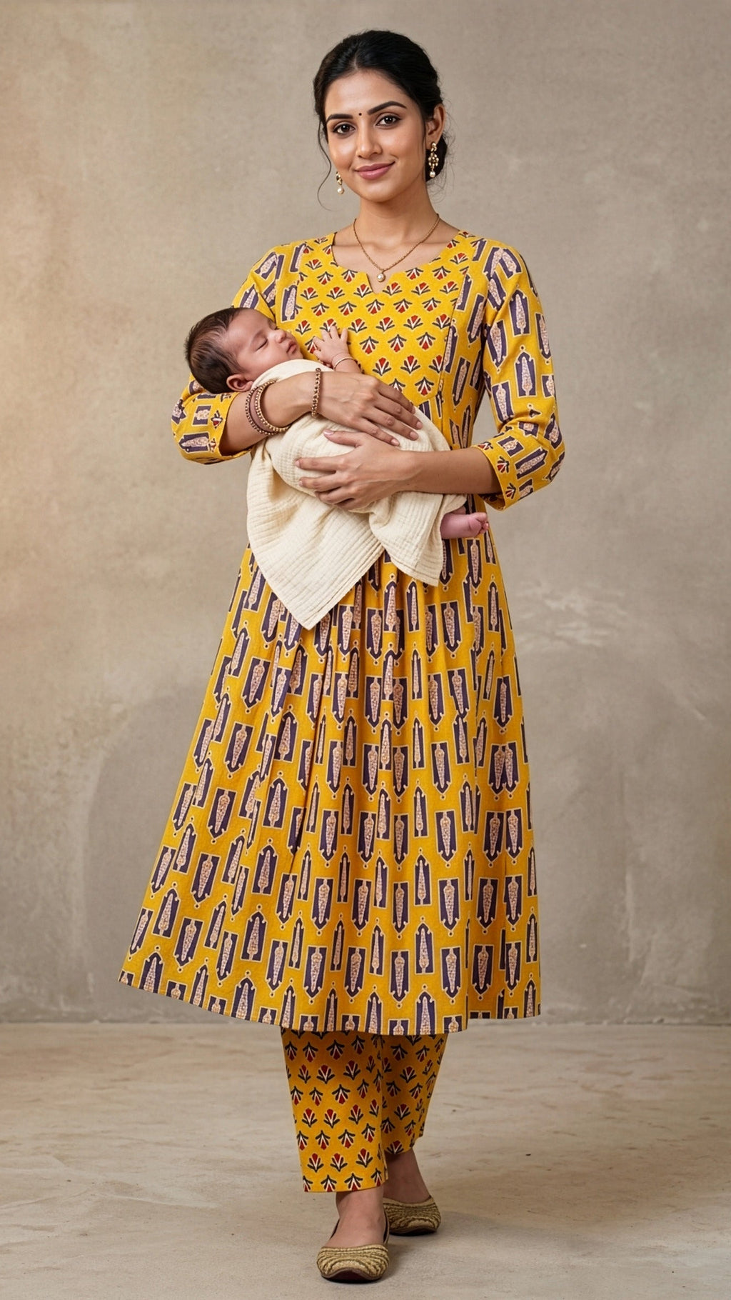 Yellow maternity dress with a mother holding her baby, featuring a charming pattern and a comfortable fit.