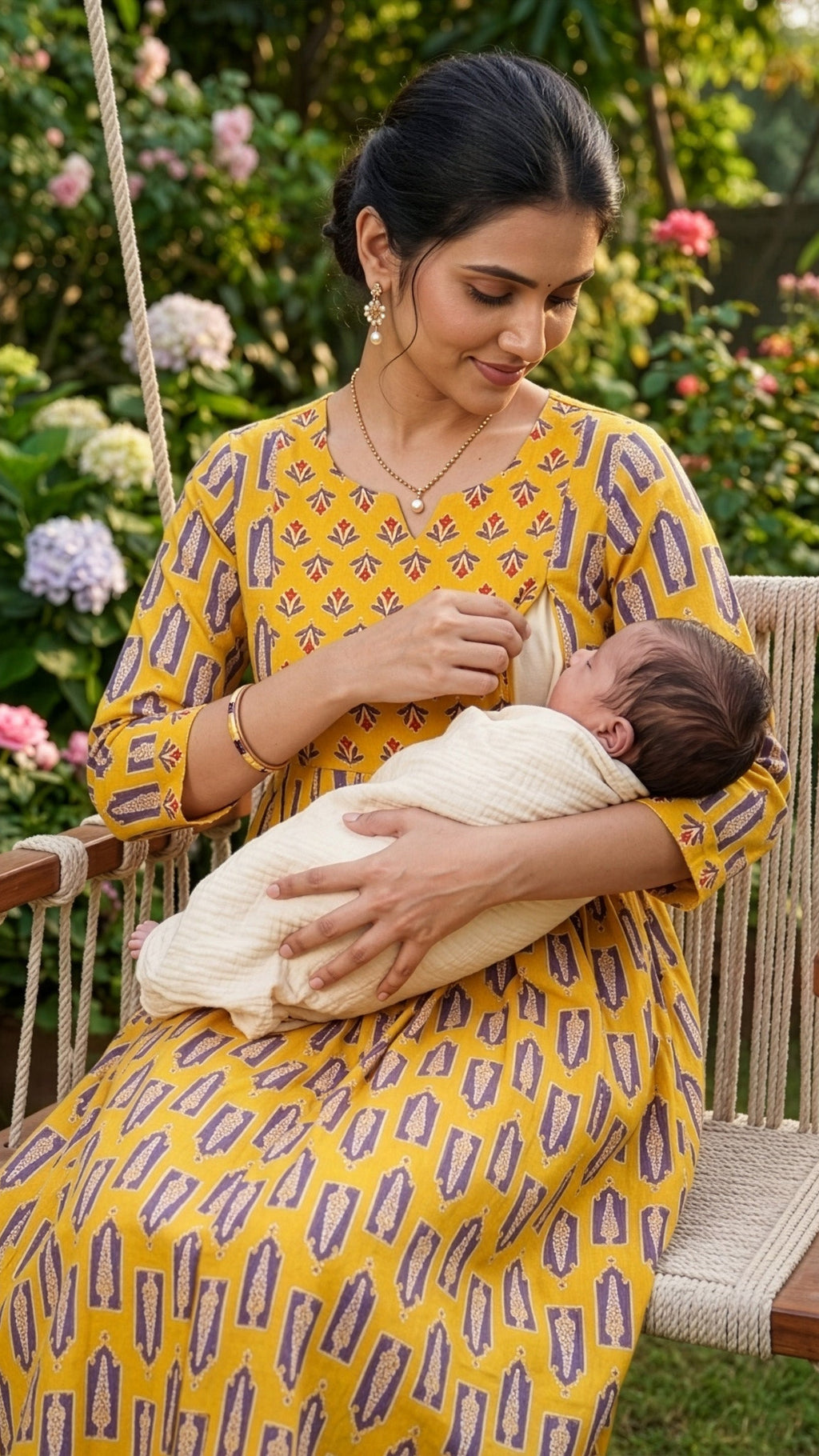 Woman wearing a yellow maternity dress, comfortably feeding her baby while sitting outdoors in a natural setting.