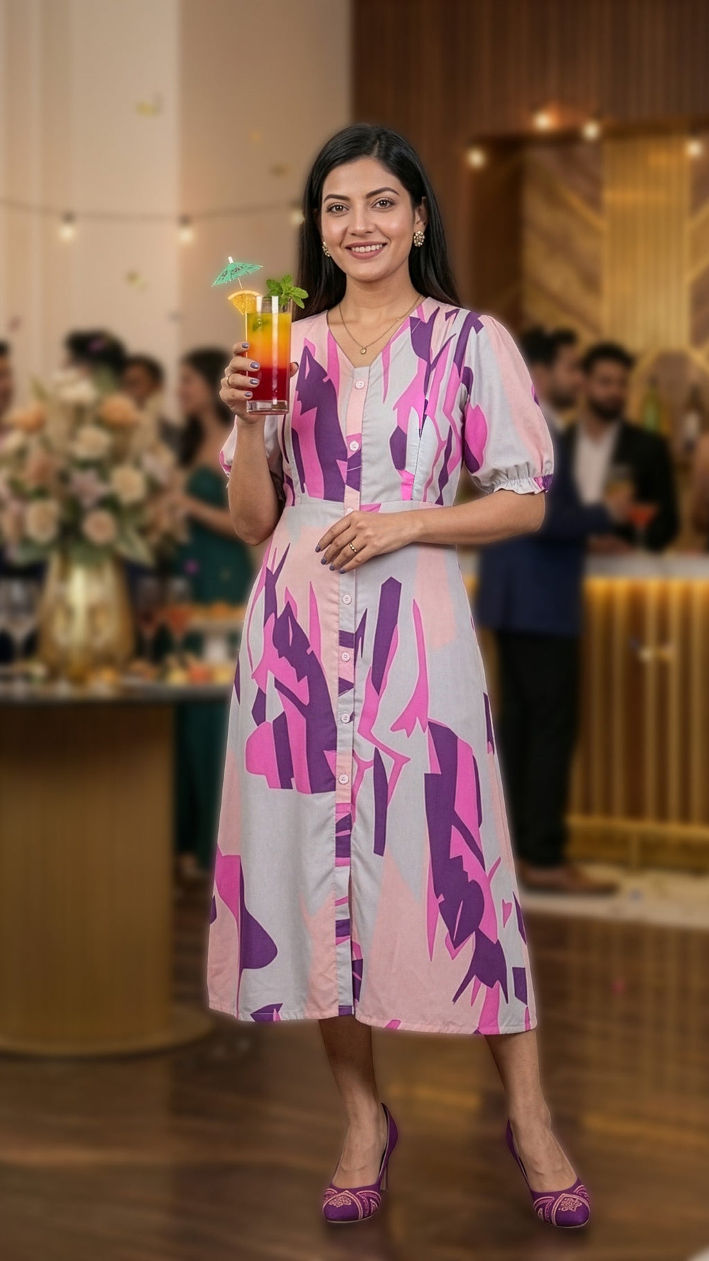 Woman holding a drink in a colorful maternity feeding dress, smiling at a social gathering.