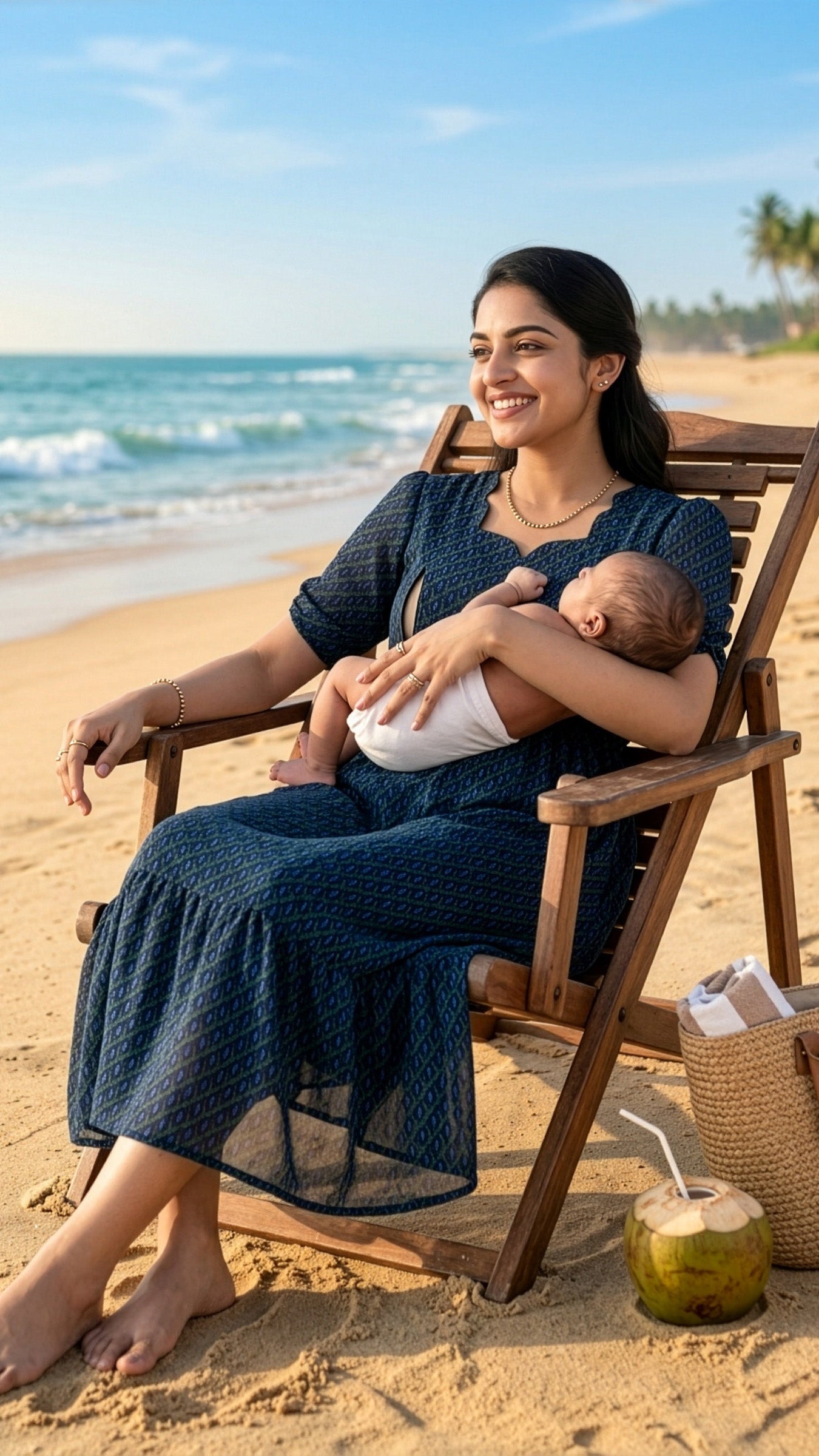 Maternity feeding dress in deep navy blue, perfect for nursing at the beach, worn by a smiling mother with her baby.