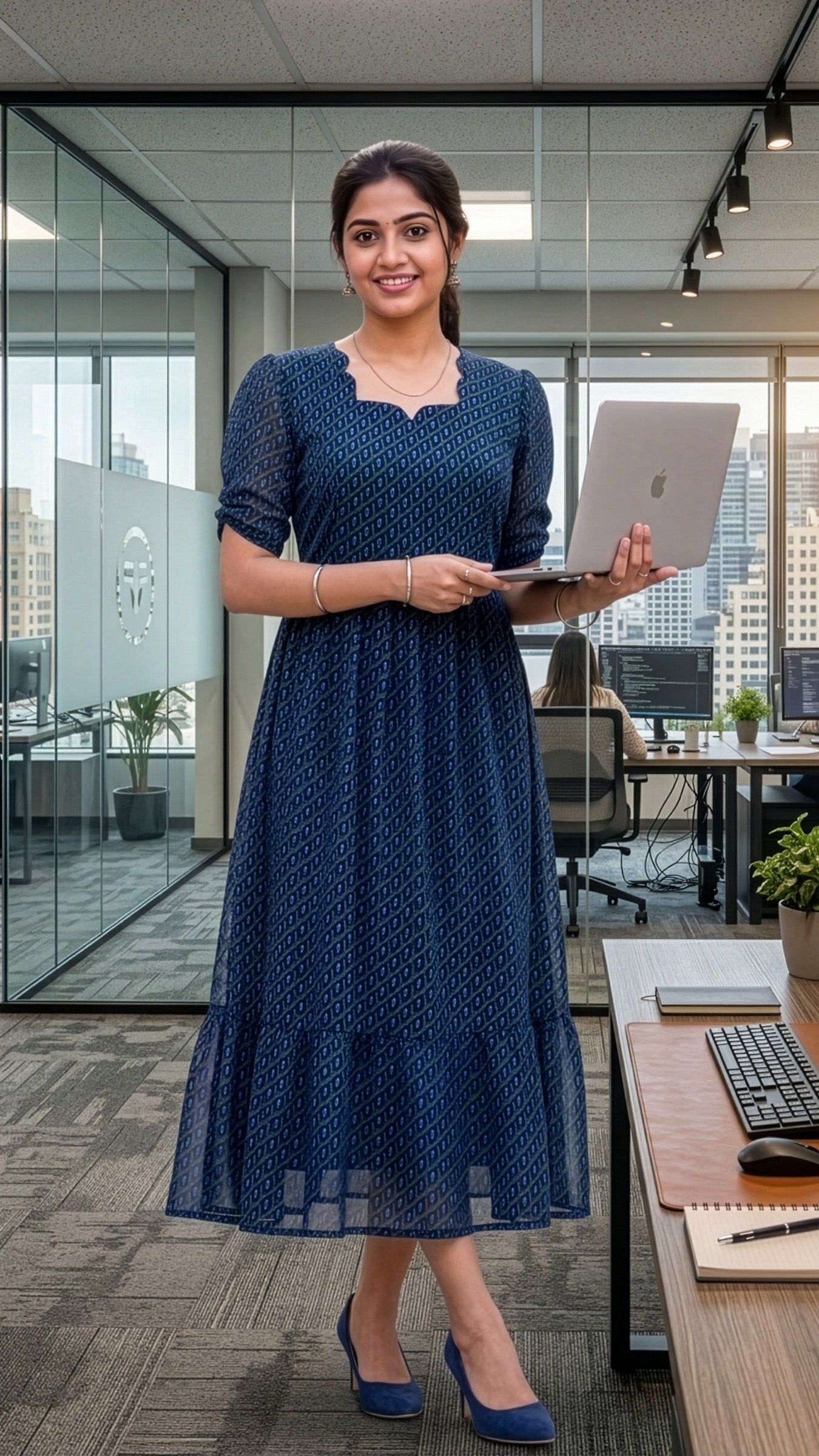 Maternity feeding dress in deep navy blue, featuring invisible zip, perfect for stylish and comfortable nursing.