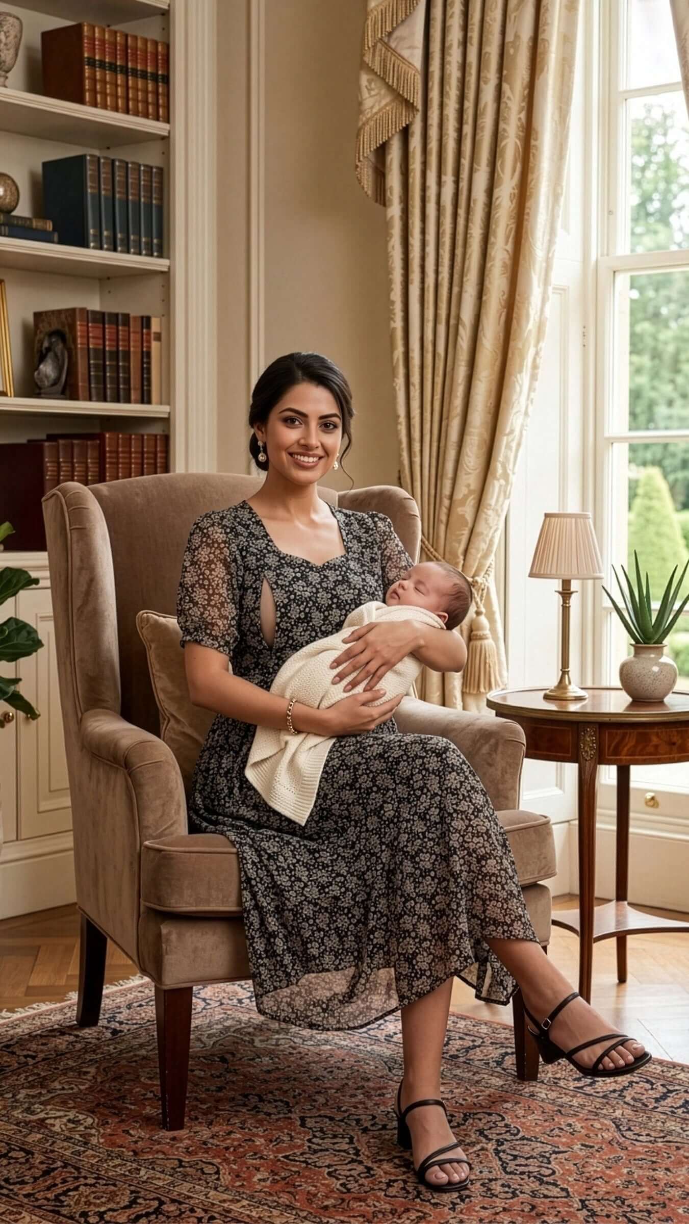 Stylish maternity dress worn by a mother holding her baby in a cozy room, showcasing discreet nursing functionality.