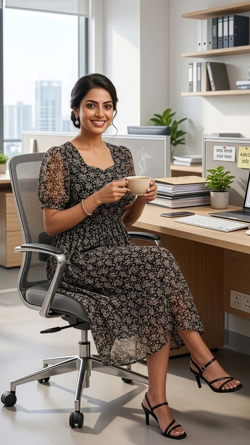 Stylish maternity dress worn by a woman sitting in an office, enjoying a cup of coffee, showcasing comfort and style.