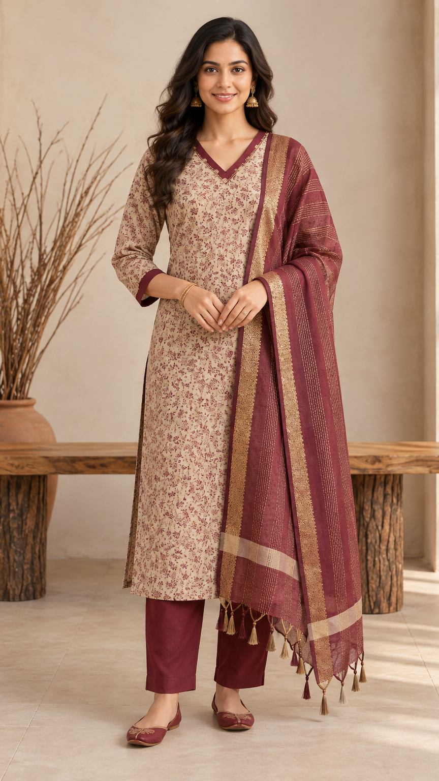 A woman models a traditional Indian salwar kameez suit set featuring a beige kurta with a brown floral print, maroon pants, and a matching maroon dupatta with gold borders and tassels, set against a warm neutral background with a wooden bench and dried plants.
