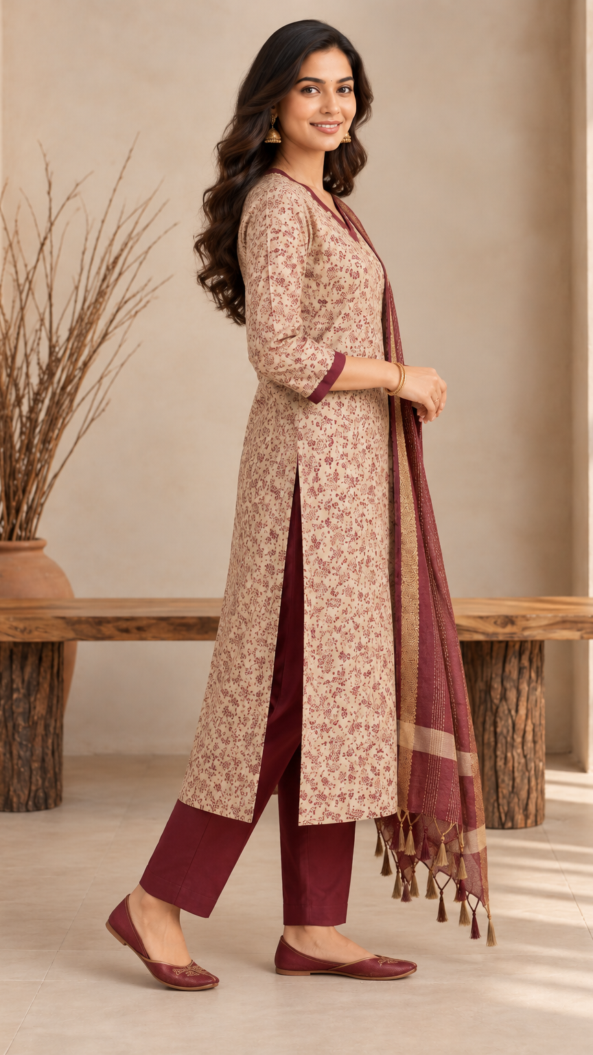 A woman models a traditional Indian outfit consisting of a beige kurta with a brown floral print, maroon pants, and a matching maroon dupatta with tassels, set against a warm neutral background with a wooden bench.