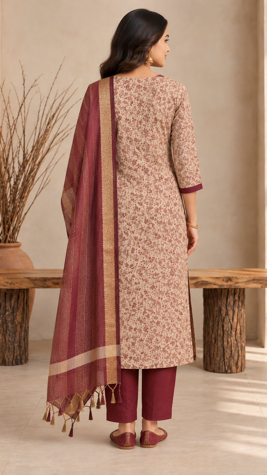 A woman stands with her back to the camera wearing a traditional Indian salwar kameez outfit. The outfit consists of a beige kurta with a brown floral print, maroon pants, and a maroon dupatta with a gold border.