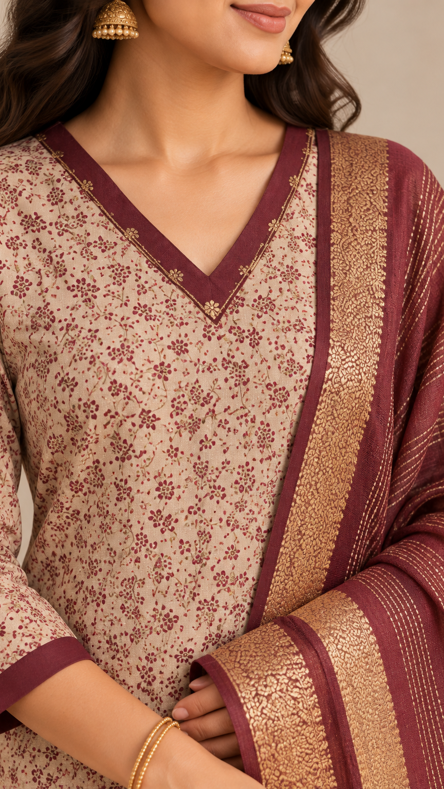A close-up of a woman wearing a beige printed kurta with a deep V-neck and 3/4 sleeves, paired with a matching maroon dupatta featuring a wide gold zari border.