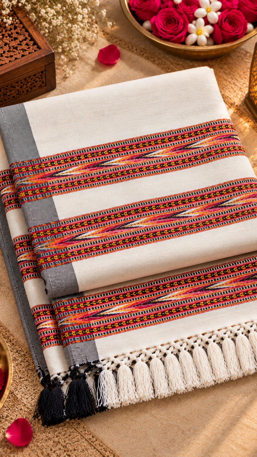 Kullu Border, Traditional, Ethnic, Warm Shawl | White | REET by Bunaiganj