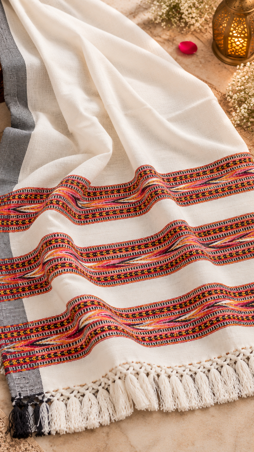 Kullu Border, Traditional, Ethnic, Warm Shawl | White | REET by Bunaiganj