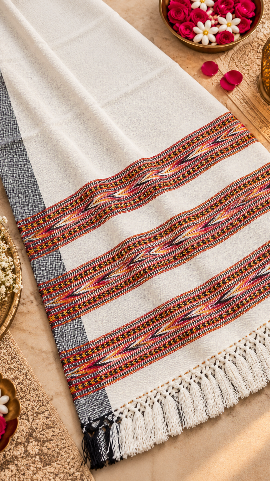 Kullu Border, Traditional, Ethnic, Warm Shawl | White | REET by Bunaiganj