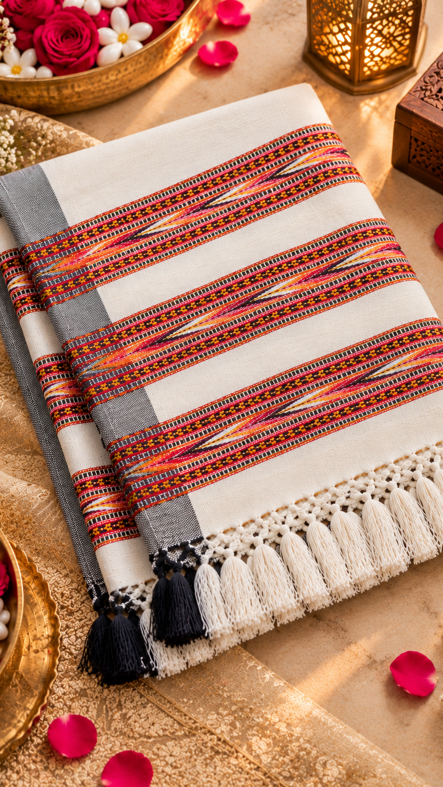 Kullu Border, Traditional, Ethnic, Warm Shawl | White | REET by Bunaiganj